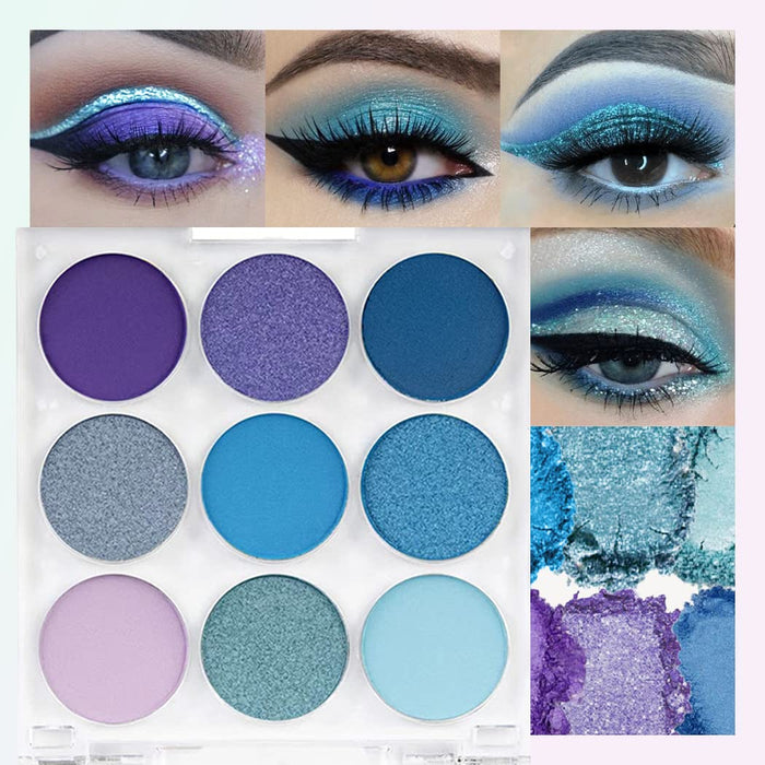 9 Colors Shimmer Matte Blue Eyeshadow Palette.Highly Pigmented Light Blue Eyeshadow Dark Blue Eye shadow Paleta.Blendability Shiny Matte Blue Makeup Powder Palet.paleta de sombras de ojos azul