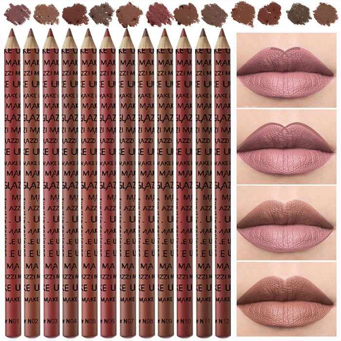 12 Pcs Natural Nude Brown Beige Colors Lip Liner Lipstick Pencils Set for Daily Makeup,Easy to Apply & Remove,Waterproof (B)