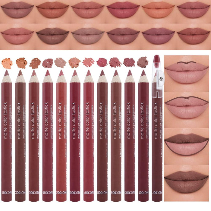 12 Pcs Natural Nude Brown Beige Colors Lip Liner Lipstick Pencils Set for Daily Makeup,Easy to Apply & Remove,Waterproof (set08)