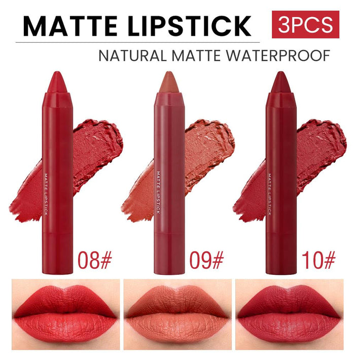 3 Colors Matt Nude Lipstick Lipliner Lip Crayons Pack Set,Velvet Moisture Smooth Matte Lipstick Pencils,Waterproof&Waterlasting,#08#09#10