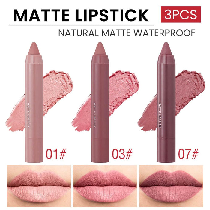 3 Colors Matt Nude Lipstick Lipliner Lip Crayons Pack Set,Velvet Moisture Smooth Matte Lipstick Pencils,Waterproof&Waterlasting,#01#03#07